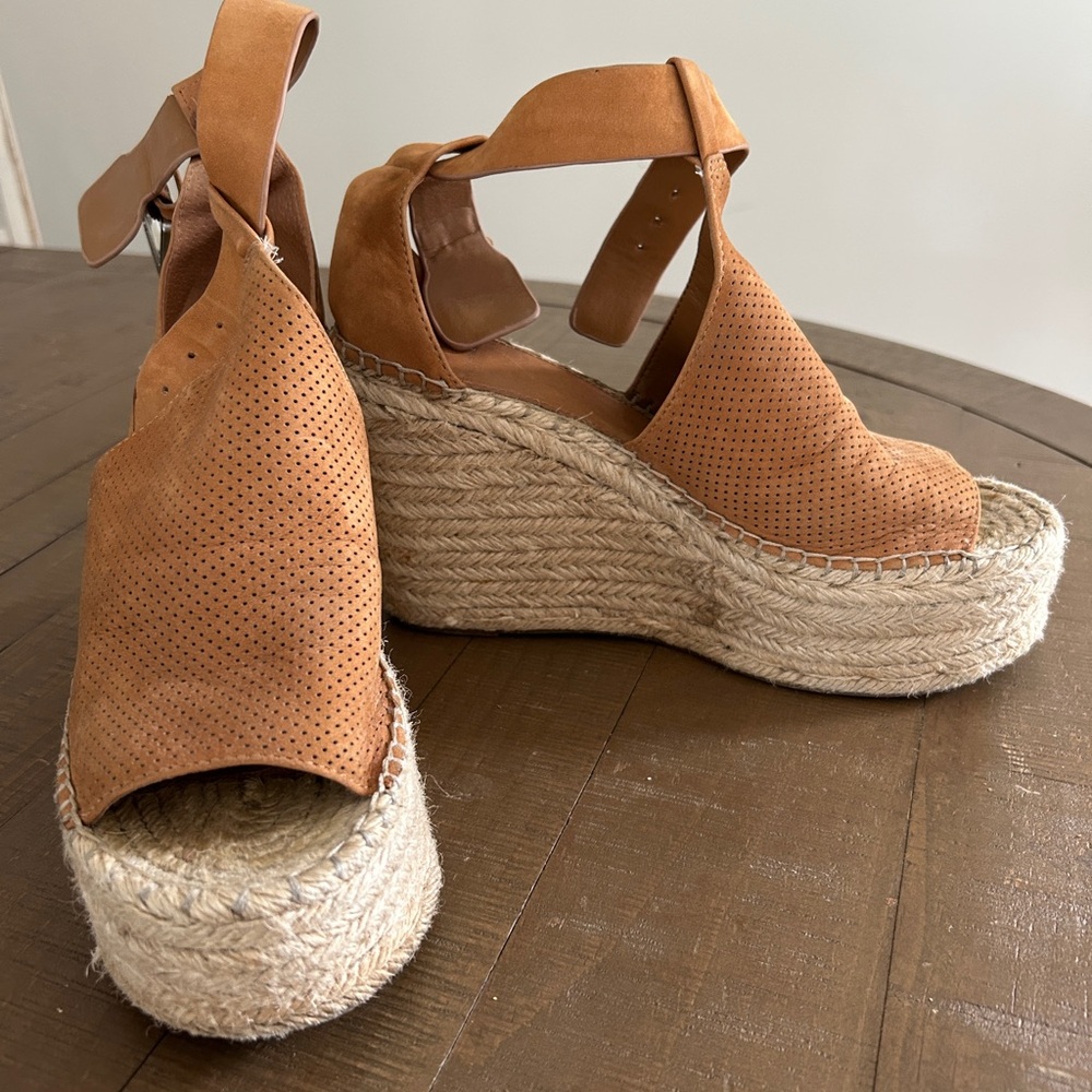 Marc Fisher Tan Suede Espadrille Wedge Sandals